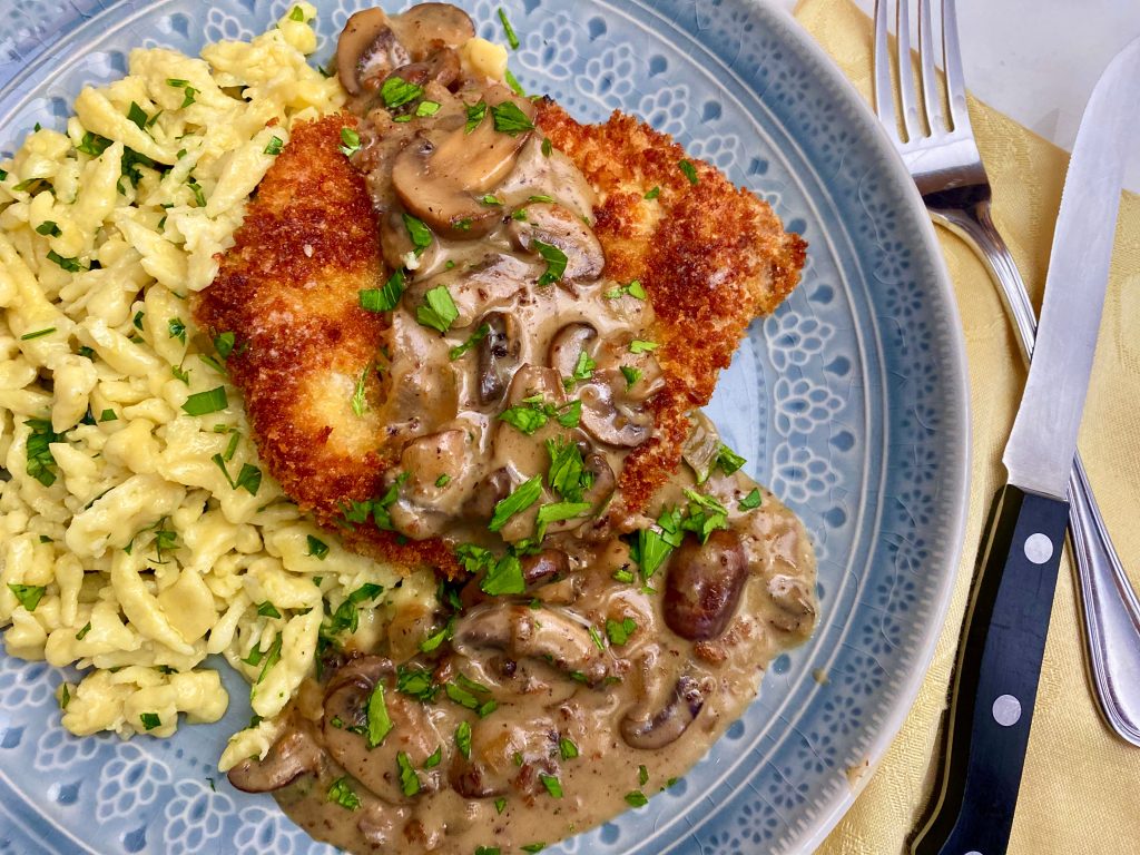 German Schnitzel with Spaetzle & Mushroom Gravy